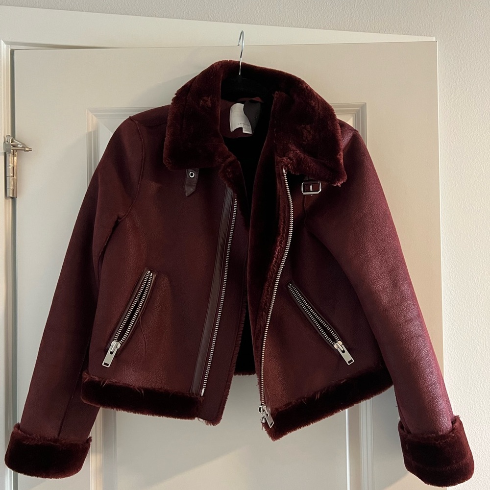 Anthropologie Red Suede Cropped Moto Jacket with Fur Lining